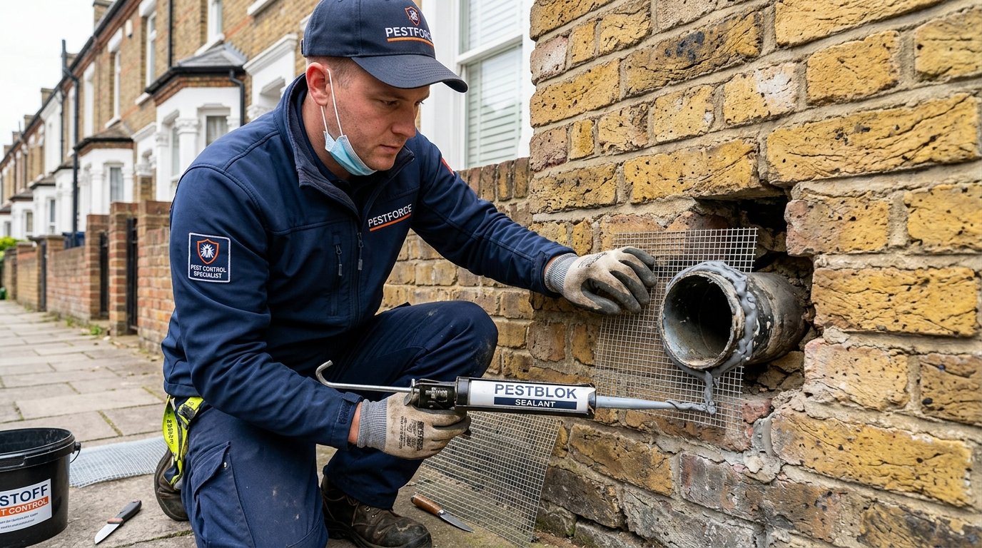 Pest control operative sealing pipework entry points with wire mesh and sealant