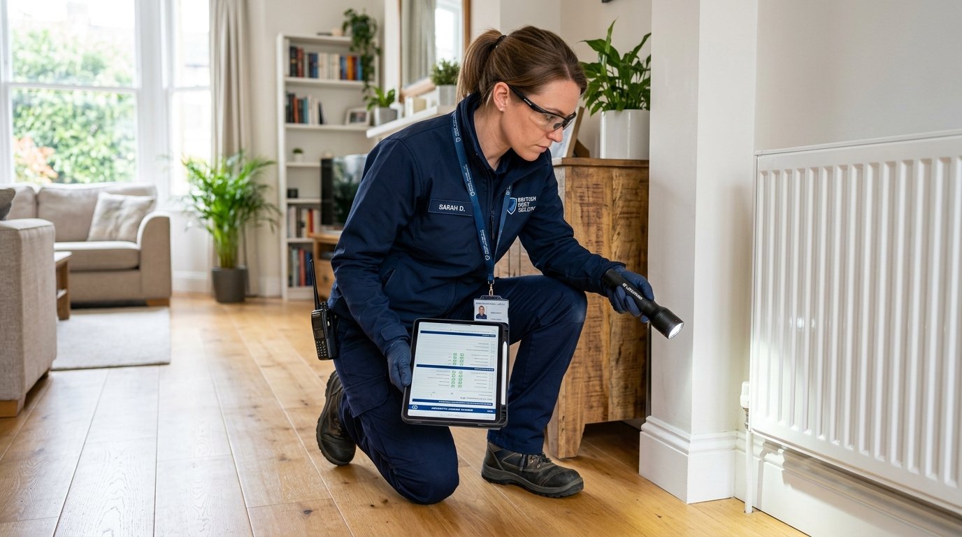 Certified UK pest control technician conducting residential inspection in Walthamstow E17
